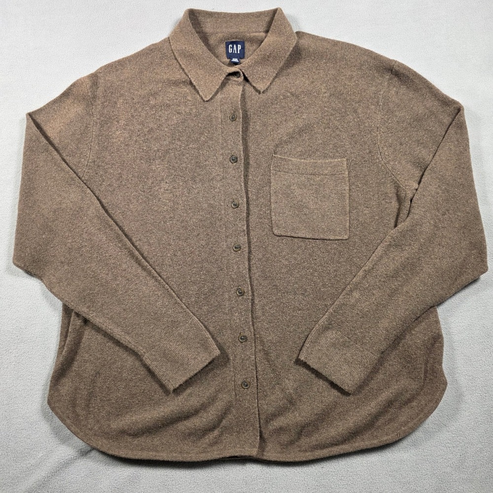 GAP Button Down Knit Shirt Womens XXS Brown Long Sleeve Solid Soft Knit